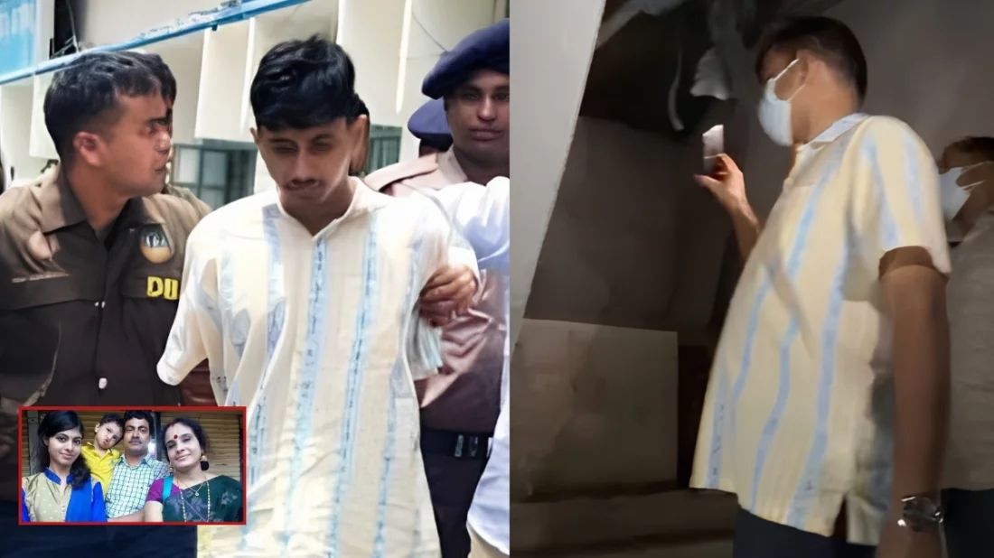 শিক্ষক গণপতি চক্রবর্তী, তার স্ত্রী ও দুই সন্তান এবং গ্রেপ্তারকৃত আসামি (বাঁয়ে) ও পুলিশ কর্মকর্তা (ডানে)। ইত্তেফাক কোলাজ।