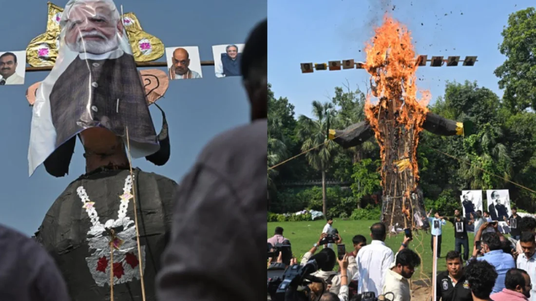 রাবণের মুখে নেতাদের ছবি লাগিয়ে কুশপুত্তলিকা দাহ।