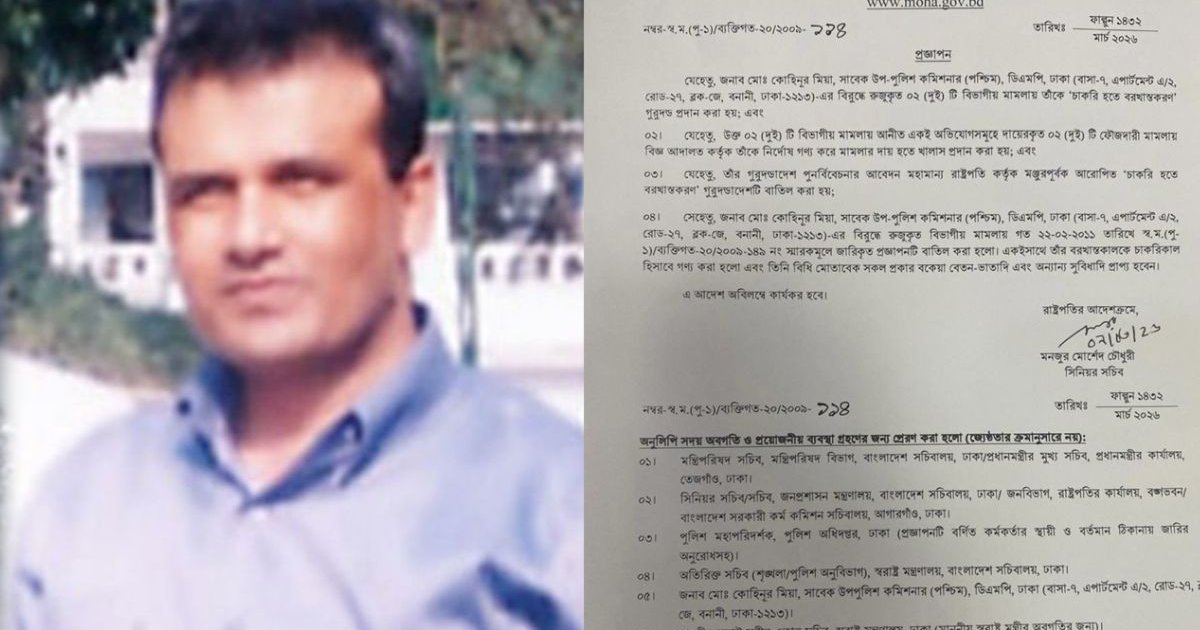 ১৫ বছর পর চাকরিতে পুনর্বহাল পুলিশের সেই উপকমিশনার কোহিনূর মিয়া