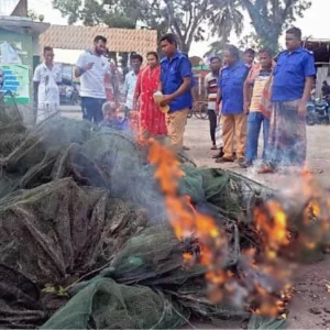 কোটালীপাড়ায় ২ লাখ টাকার নিষিদ্ধ চায়না দুয়ারী জাল পুড়িয়ে ধ্বংস