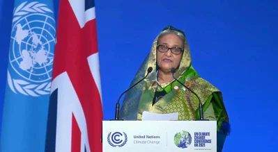 জলবায়ু সম্মেলনে বক্ততা দিচ্ছেন প্রধানমন্ত্রী শেখ হাসিনা। ছবি: বাসস