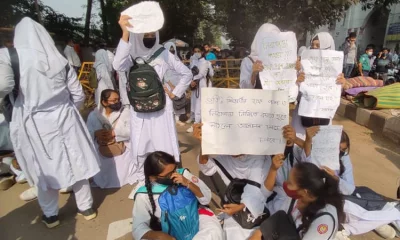বিভিন্ন প্ল্যাকার্ড নিয়ে সড়কে বসে অবস্থান নেন শিক্ষার্থীরা। ছবি: সংগৃহীত