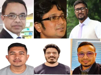 শুরু থেকে হাবিবুর রহমান হেলাল, জাকির হোসেন সুমন, জহুরুল ইসলাম মুন, শাহ মো. তানভীর, মনির হোসেন ও তাহির হোসেন [ছবি: সংগৃহীত]