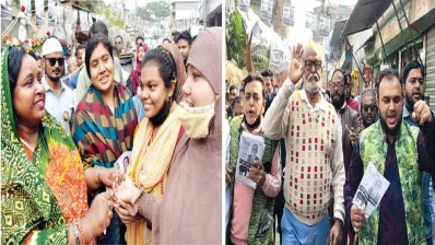 প্রচারণায় ব্যস্ত আইভী-তৈমূর। ছবি: তাপস সাহা