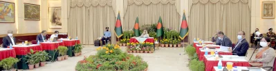 প্রধানমন্ত্রীর শেখ হাসিনার উপস্থিতে &lsquo;সার্বজনীন পেনশন ব্যবস্থা&rsquo; উপস্থাপন। ছবি: ফোকাস বাংলা