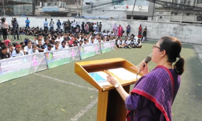 নারী দিবসে বক্তব্য রাখছেন মাহফুজা আক্তার কিরণ। ছবি: বাফুফে