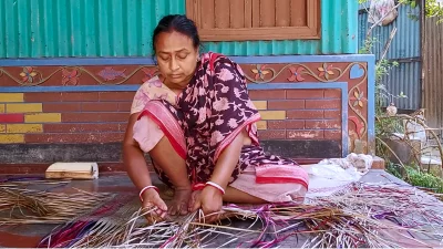 পাটি বুনছেন এক নারী। ছবি: ইত্তেফাক