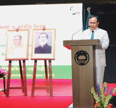 বক্তব্য রাখছেন ভারতের স্বরাষ্ট্র প্রতিমন্ত্রী ড. রাজ কুমার রঞ্জন সিং। ছবি: নয়াদিল্লির বাংলাদেশ হাইকমিশন