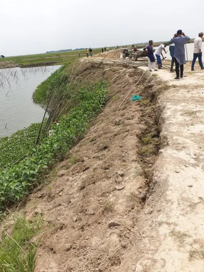 বাঁধ মেরামত করছেন কৃষকরা।