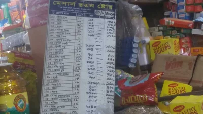 দোকানে টাঙানো বিভিন্ন পণ্যের মূল্য তালিকা।