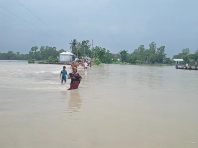 ছাগল নিয়ে পার হচ্ছেন এক নারী। ছবি: ইত্তেফাক