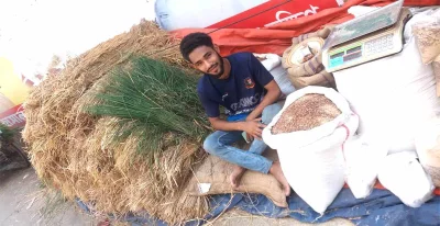  কেল্লার মোড়ে খড়, ভুসি, ঘাস নিয়ে বসে আছেন মো. সোহাগ। 