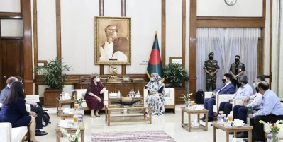 প্রধানমন্ত্রীর সঙ্গে জাতিসংঘের মানবাধিকারবিষয়ক হাইকমিশনার মিশেল বাচেলেটের সাক্ষাৎ।  ছবি: ফোকাস বাংলা