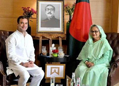 শেখ হাসিনার সঙ্গে রাহুল গান্ধীর সাক্ষাৎ। ছবি: ফোকাস বাংলা