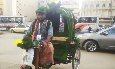 প্রতিবন্ধী কামাল হোসেন ও তার রিকশা। ছবি- ইত্তেফাক