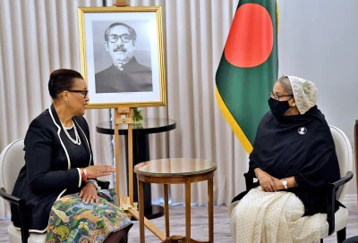 প্রধানমন্ত্রীর সঙ্গে কমনওয়েলথ মহাসচিব প্যাট্রিসিয়া স্কটল্যান্ডের সৌজন্য সাক্ষাৎ। ছবি: ফোকাস বাংলা