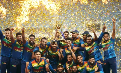 এশিয়া কাপের শিরোপা হাতে লঙ্কানদের উল্লাস। ছবি- ইএসপিএন ক্রিকইনফো