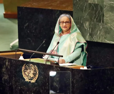 জাতিসংঘ সাধারণ পরিষদের অধিবেশনের বক্তব্য রাখছেন প্রধানমন্ত্রী শেখ হাসিনা। ছবি: ফোকাস বাংলা