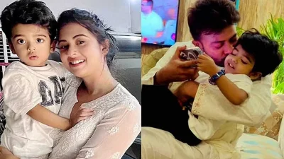 শেহজাদ খান বীরকে কোলে নিয়ে বুবলী (বামে) ও শেহজাদ খান বীরকে কোলে নিয়ে শাকিব। ছবি: ফেসবুক থেকে