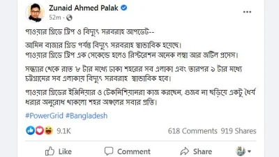 তথ্যপ্রযুক্তি প্রতিমন্ত্রী জুনায়েদ আহমেদ পলক ফেসবুক পেজের স্ট্যাটাস