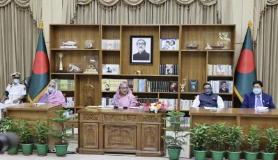 সংবাদ সম্মেলনে প্রধানমন্ত্রী শেখ হাসিনা। ছবি: ফোকাস বাংলা