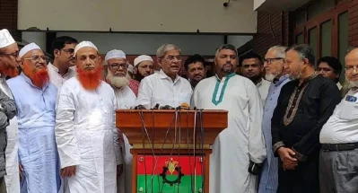 সংলাপ শেষে সাংবাদিকের নানা প্রশ্নের উত্তর দেন মির্জা ফখরুল ইসলাম আলমগীর। ছবি: সংগৃহীত