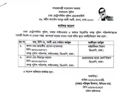 ডিএমপি কমিশনার মোহা. শফিকুল ইসলামের স্বাক্ষরিত পৃথক ৩ টি আদেশে এ বদলির প্রজ্ঞাপন।