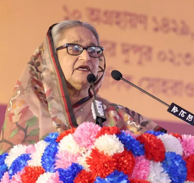 বক্তব্য রাখছেন প্রধানমন্ত্রী শেখ হাসিনা। ছবি: ফোকাস বাংলা