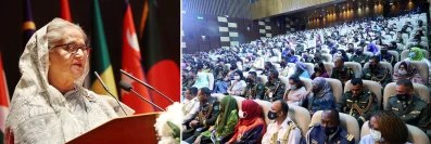  ডিফেন্স সার্ভিস কমান্ড অ্যান্ড স্টাফ কলেজ কোর্স ২০২২ এর গ্র্যাজুয়েশন সেরেমনিতে বক্তব্য দিচ্ছেন প্রধানমন্ত্রী শেখ হাসিনা। ছবি: ফোকাস বাংলা