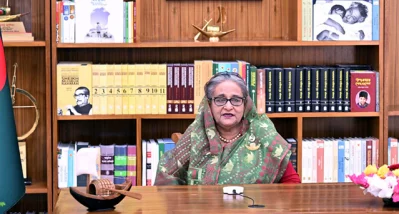 ভাষণ দিচ্ছেন প্রধানমন্ত্রী শেখ হাসিনা। ছবি: ফোকাস বাংলা