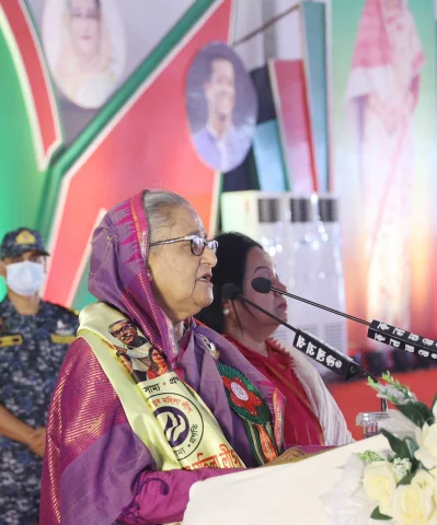 বক্তব্য দিচ্ছেন প্রধানমন্ত্রী শেখ হাসিনা। ছবি: ফোকাস বাংলা
