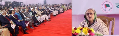 বক্তব্য রাখছেন প্রধানমন্ত্রী ও আওয়ামী লীগ সভাপতি শেখ হাসিনা। ছবি: ফোকাস বাংলা