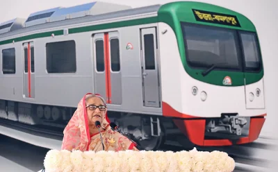 মেট্রোরেলের উদ্ভোধন উপলক্ষে আয়োজিত সুধী সমাবেশে বক্তব্য রাখেন প্রধানমন্ত্রী শেখ হাসিনা। 