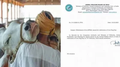 ভারতে ১৪ ফেব্রুয়ারি ভালোবাসা দিবসে গরুকে আলিঙ্গনের আহ্বান জানিয়ে ভারত সরকারের পক্ষ থেকে যে বিজ্ঞপ্তি প্রকাশিত হয়েছিল, তা প্রত্যাহার করা হয়েছে।