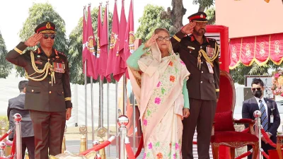 &lsquo;দশম টাইগার্স পুনর্মিলনী&rsquo; উপলক্ষ্যে আয়োজিত অনুষ্ঠানে প্রধানমন্ত্রী শেখ হাসিনা। ছবি: ফোকাস বাংলা
