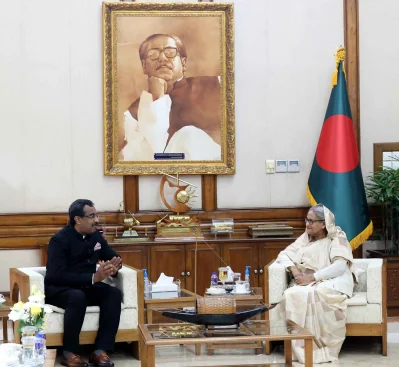প্রধানমন্ত্রী শেখ হাসিনার সঙ্গে রাম মাধবের সাক্ষাৎ। ছবি: ফোকাস বাংলা