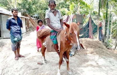 ভোলার বোরহানউদ্দিনে ঘোড়ায় চড়ে ভিক্ষা করছেন জালু মিয়া। ছবি: ইত্তেফাক
