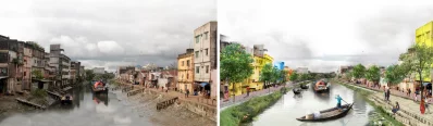 বামদিকের ছবিটি চাক্তাই খালের বর্তমান অবস্থার। ডানের ছবিতে সিআইএইউ-এর স্থপতিদের কল্পনা তুলে ধরা হয়েছে
