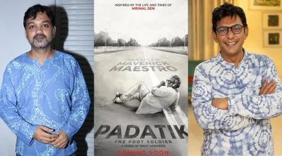 সৃজিত মুখার্জি, &lsquo;পদাতিক&rsquo; সিনেমার পোস্টার ও চঞ্চল চৌধুরী। ছবি: সংগৃহীত