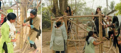 শিক্ষার্থীরা তৈরি করছেন বাঁশের ঘর। ছবি: সংগৃহীত