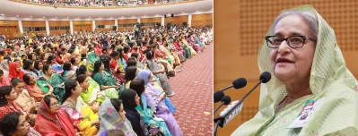 আওয়ামী লীগের প্রতিষ্ঠাবার্ষিকীতে বক্তব্য দিচ্ছেন প্রধানমন্ত্রী শেখ হাসিনা। ছবি: ফোকাস বাংলা