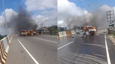 রেলিংয়ে ধাক্কা লাগার পর গ্যাসচালিত অ্যাম্বুলেন্সটির চতুর্দিক থেকে আগুন ধরে যায়। ছবি: ভিডিও থেকে নেওয়া