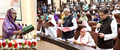 শপথ পাঠ করাচ্ছেন প্রধানমন্ত্রী শেখ হাসিনা। ছবি: ফোকাস বাংলা