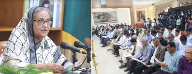 গণভবনে সংবাদ সম্মেলনে বক্তব্য দিচ্ছেন প্রধানমন্ত্রী। ছবি: ফোকাস বাংলা&nbsp;