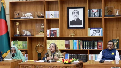 সংবাদ সম্মেলনে প্রধানমন্ত্রী শেখ হাসিনা। ছবি: ফোকাস বাংলা