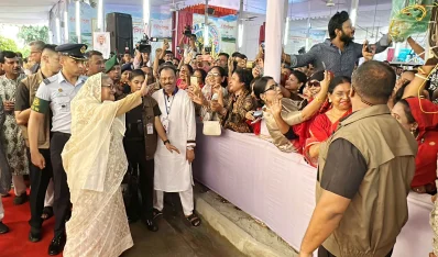 শুভেচ্ছা বিনিময় অনুষ্ঠানে প্রধানমন্ত্রী শেখ হাসিনা। ছবি: ফোকাস বাংলা। 