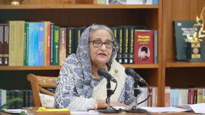 সংবাদ সম্মেলনে প্রধানমন্ত্রী শেখ হাসিনা। ছবি: ফোকাস বাংলা