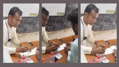 সামাজিক যোগাযোগ মাধ্যমে ছড়িয়ে পড়া ভিডিওর স্ক্রিনশট। ভিডিওতে ছাত্রলীগ নেতা সিল মারছেন এবং তাঁকে সহযোগিতা করছেন অন্য আরেকজন ব্যক্তিছবি: ভিডিও থেকে সংগৃহীত