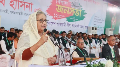 জনসভায় বক্তব্য রাখছেন প্রধানমন্ত্রী শেখ হাসিনা। ছবি: ফোকাস বাংলা