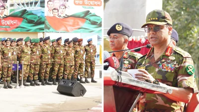 ঢাকা সেনানিবাসে বক্তব্য রাখেন সেনাপ্রধান জেনারেল এস এম শফিউদ্দিন আহমেদ। ছবি: ফোকাস বাংলা